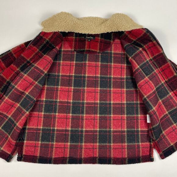 Vintage Red Plaid Fleece W/ Sherpa Collar Fall Winter Warm Boxy Fit Size Medium - Picture 4 of 8
